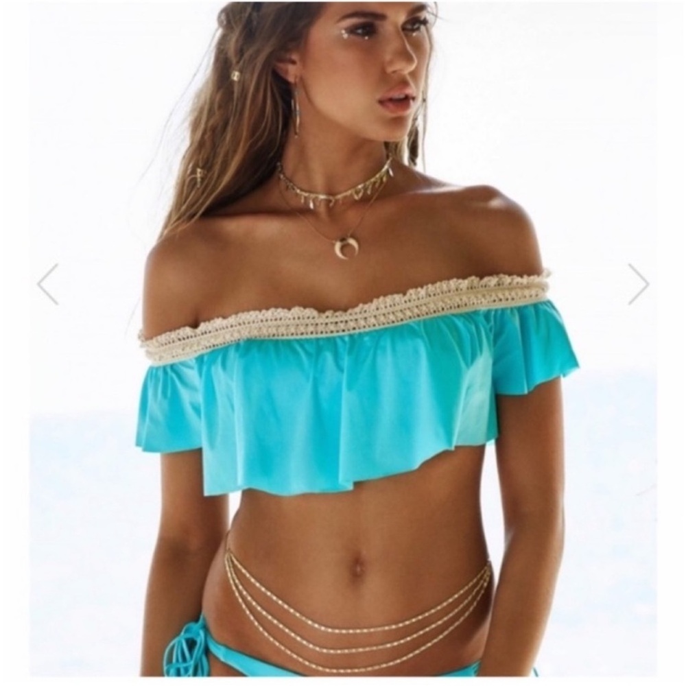 Off-Shoulder aqua Blue crochet ruffle Bikini Top choice of M/L or M/XL sets